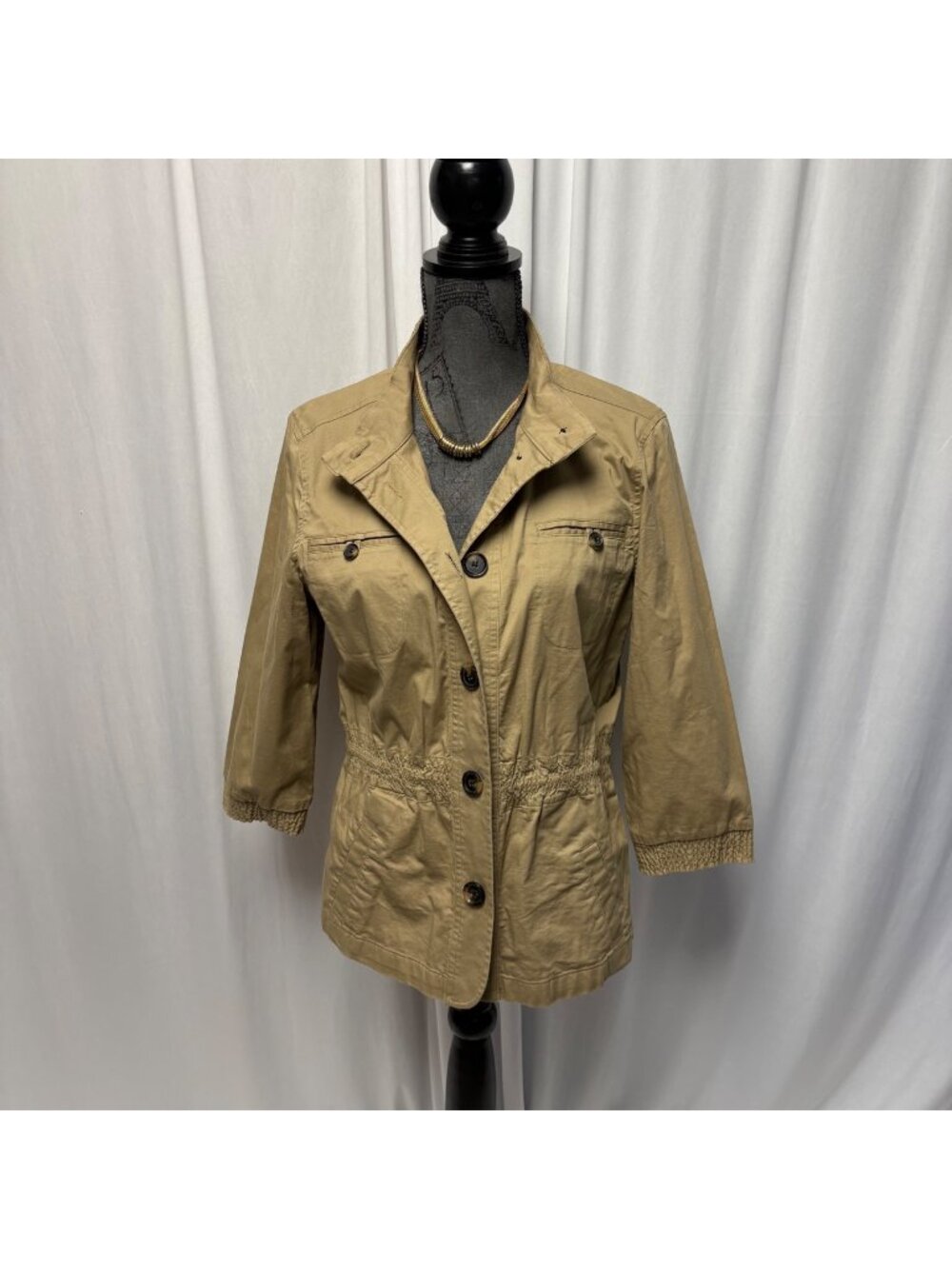Christopher and Banks Tan Jacket Women Size Medium Button-Up 3/4 Sleeve Cotton